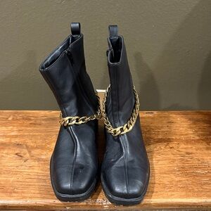 Black Leather Ankle Boots with Gold Chain